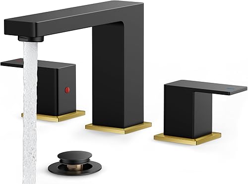 Miniatura 14 de FORIOUS Grifos de baño negros de 3 agujeros, grifo de lavabo de baño negro mate de 8 pulgadas de ancho, 2 manijas para fregadero de baño con drenaje
