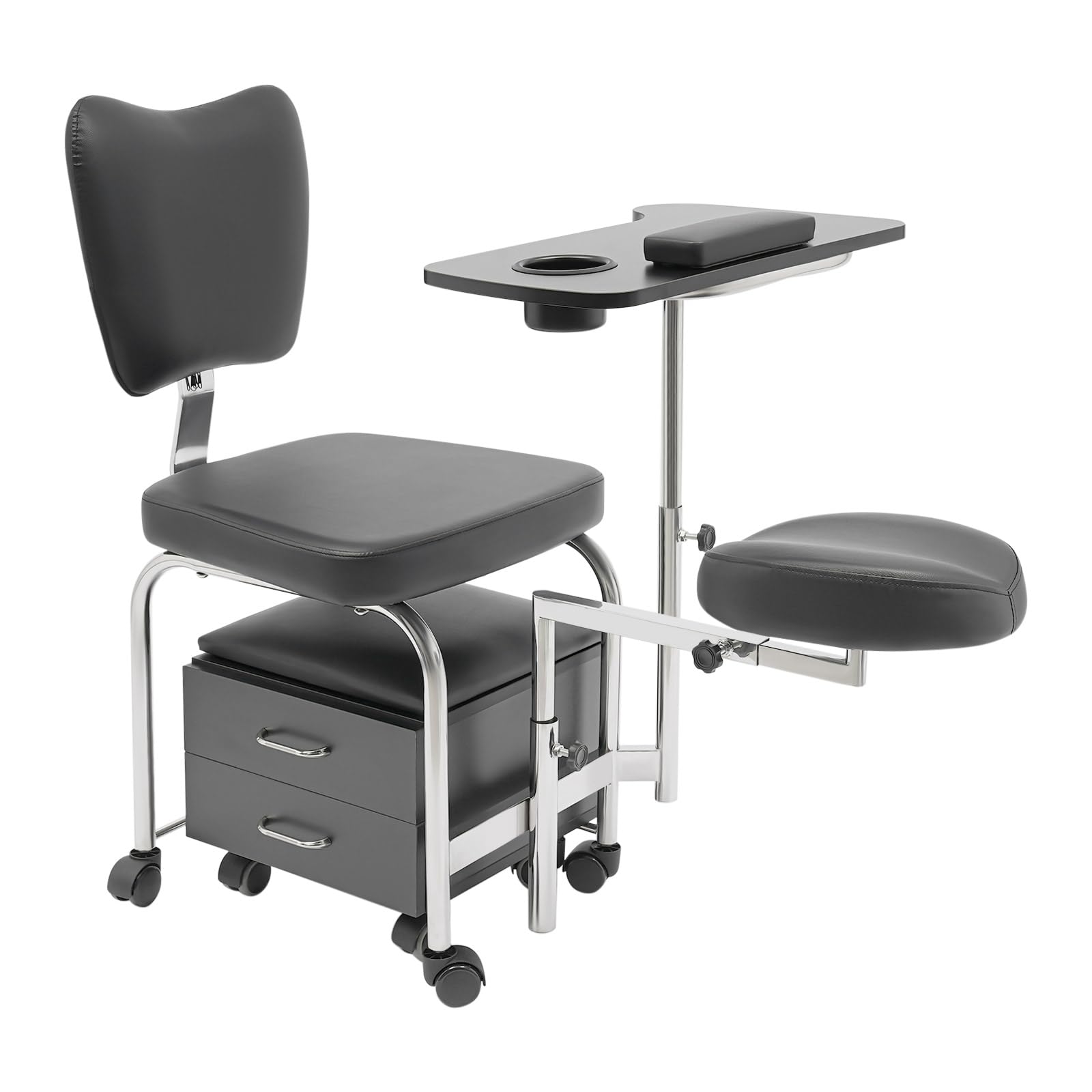 Silla de pedicura de manicura con armario de almacenamiento, reposapiés y mesa de uñas, silla de cuidado de pies de poliuretano con ruedas de altura regulable mesa de cuidado de uñas para el