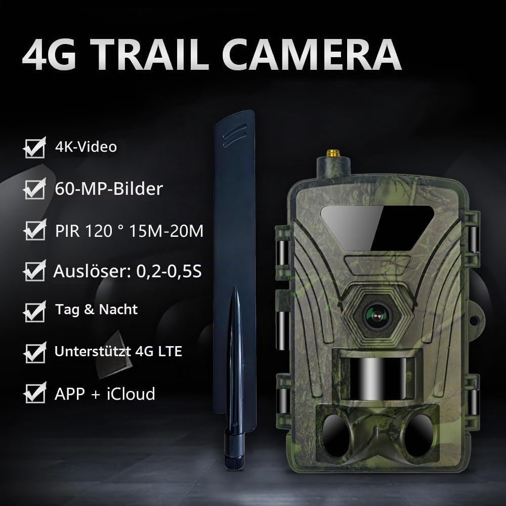 PR802G X50 4G LTE Wildkamera mit SIM-Karte und App, 60MP 4K H.265 Video, No Glow Nachtsicht Bewegungsmelder, 4G Jagdkamera Wildtierkamera Handyübertragung, IP66 Fotofalle