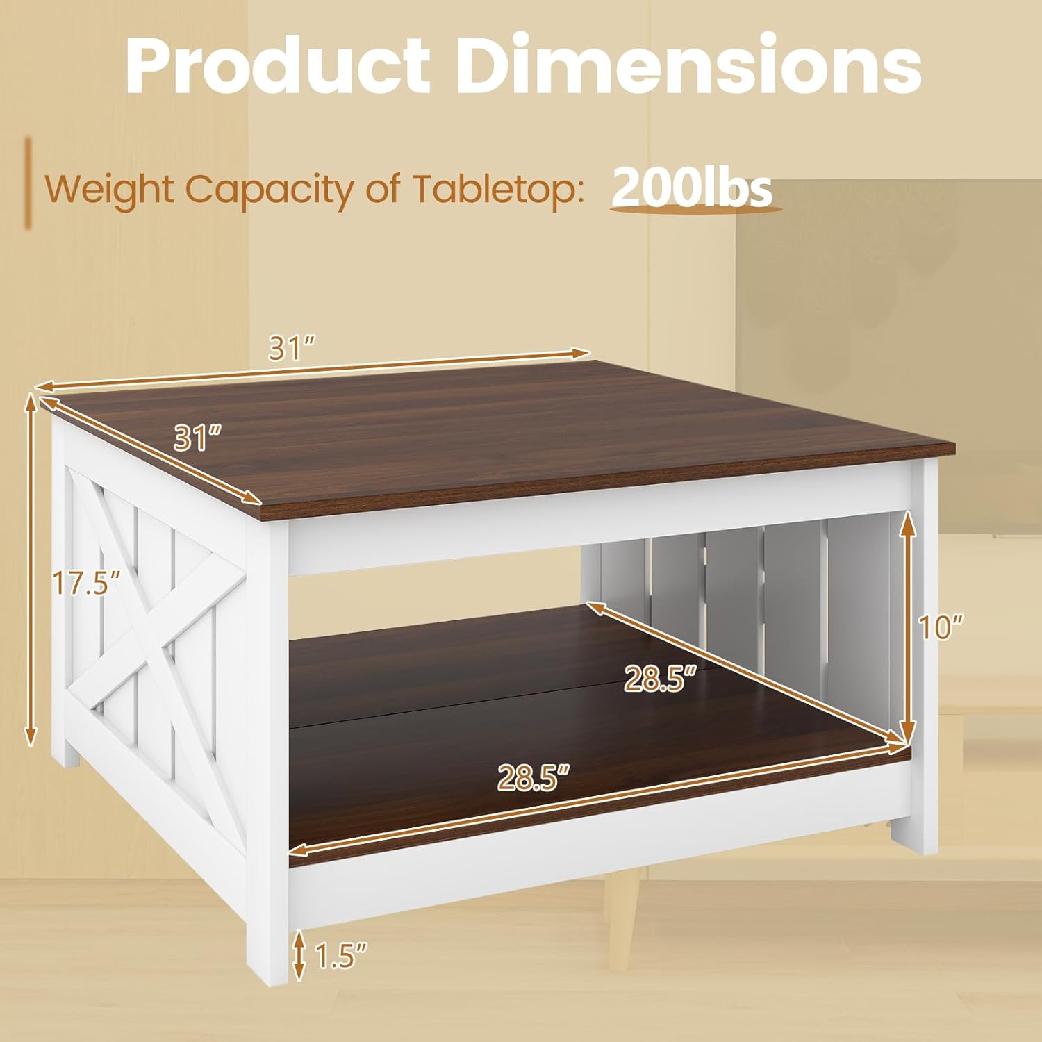 GOFLAME Farmhouse Coffee Table, 31” Square Center Table with Open Storage Shelf, Modern X-Shaped Barn Fence Design, 2-Tier Wood Tea Tables for Living Room, Lounge, Apartment, Walnut & White