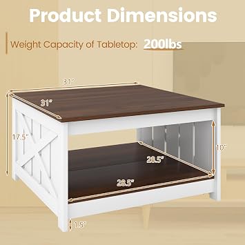 GOFLAME Farmhouse Coffee Table, 31 Square Center Table with Open Storage Shelf, Modern X-Shaped Barn Fence Design, 2-Tier Wood Tea Tables for Living Room, Lounge, Apartment, Walnut & White