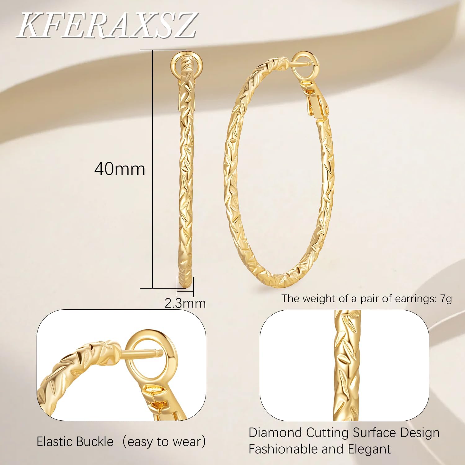 14K Gold Hoop Earrings for Women 14K Gold Earrings for Women Gold Hoop Earring for Womens Hoops Unique Carved Texture Hoops Earring for Womens 40mm - Image 2