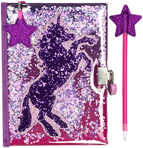 Fringoo - Glitter Girls Secret Diary with Glitter Star Pen, 2 Keys, Heart Padlock and Matching Bookmark | Beautiful Girls Notebook and Pen Set for Secrets | Ideal Gift for Girls - Glitter Unicorn