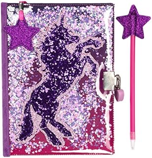 Fringoo - Glitter Girls Secret Diary with Glitter Star Pen, 2 Keys, Heart Padlock and Matching Bookmark | Beautiful Girls Notebook and Pen Set for Secrets | Ideal Gift for Girls - Glitter Unicorn