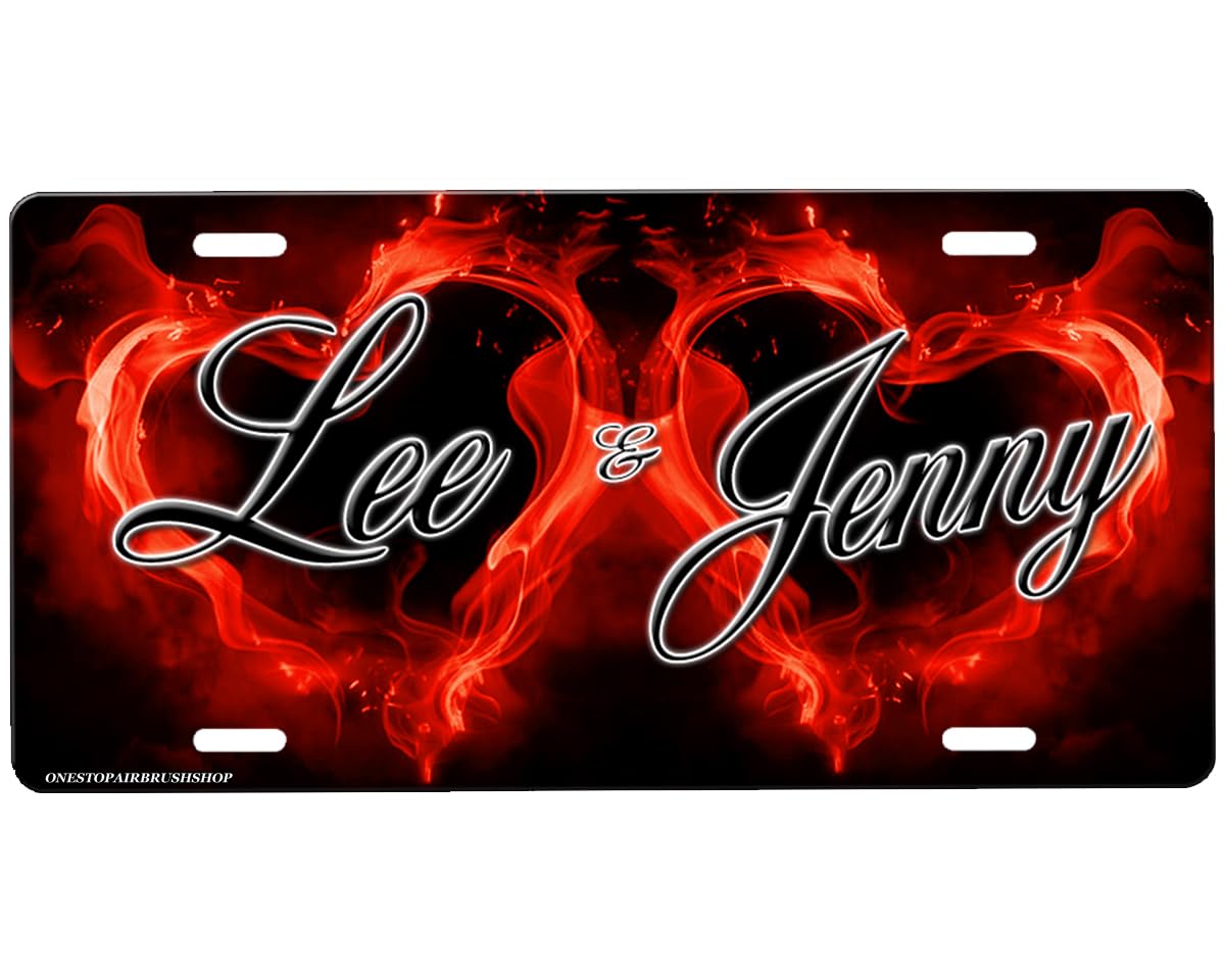 onestopairbrushshop Flaming Hearts Personalized Novelty Car Tag Metal Sign