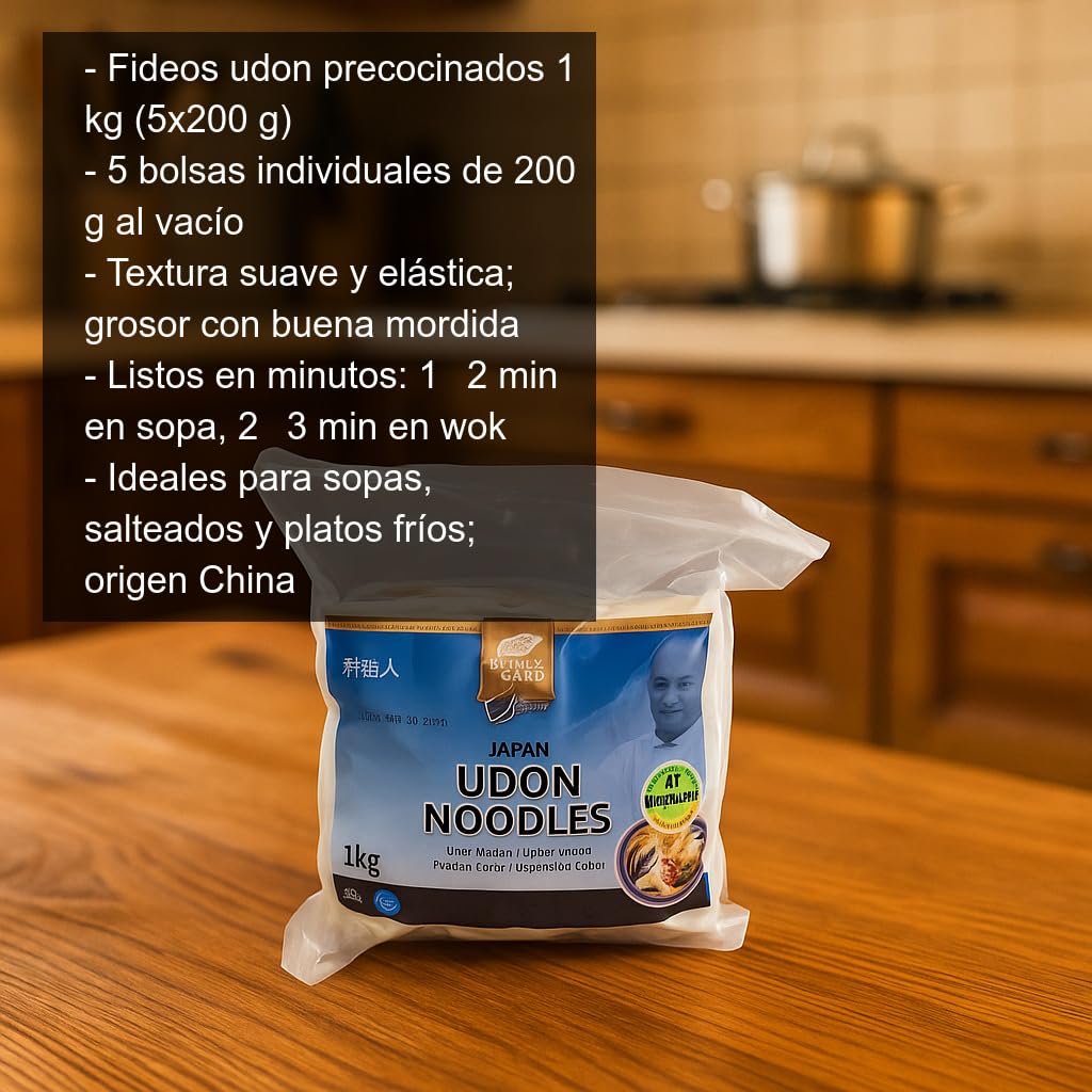Fideos Udon Precocinados 1 kg (5x200 g) – Noodles japoneses para sopas, ramen y salteados wok, textura suave y elástica, bolsas al vacío