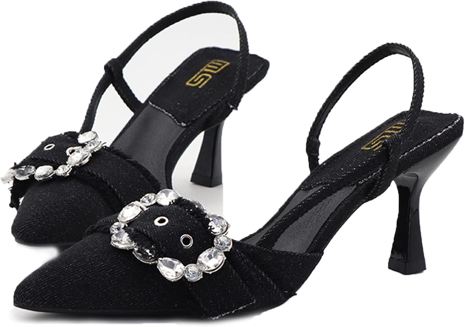 Women's Rhinestones Pointed Toe Denim Kitten Heels Fashion Slip On Slingback Low Heel Dress Mule Pumps for Wedding Party Evening Shoes