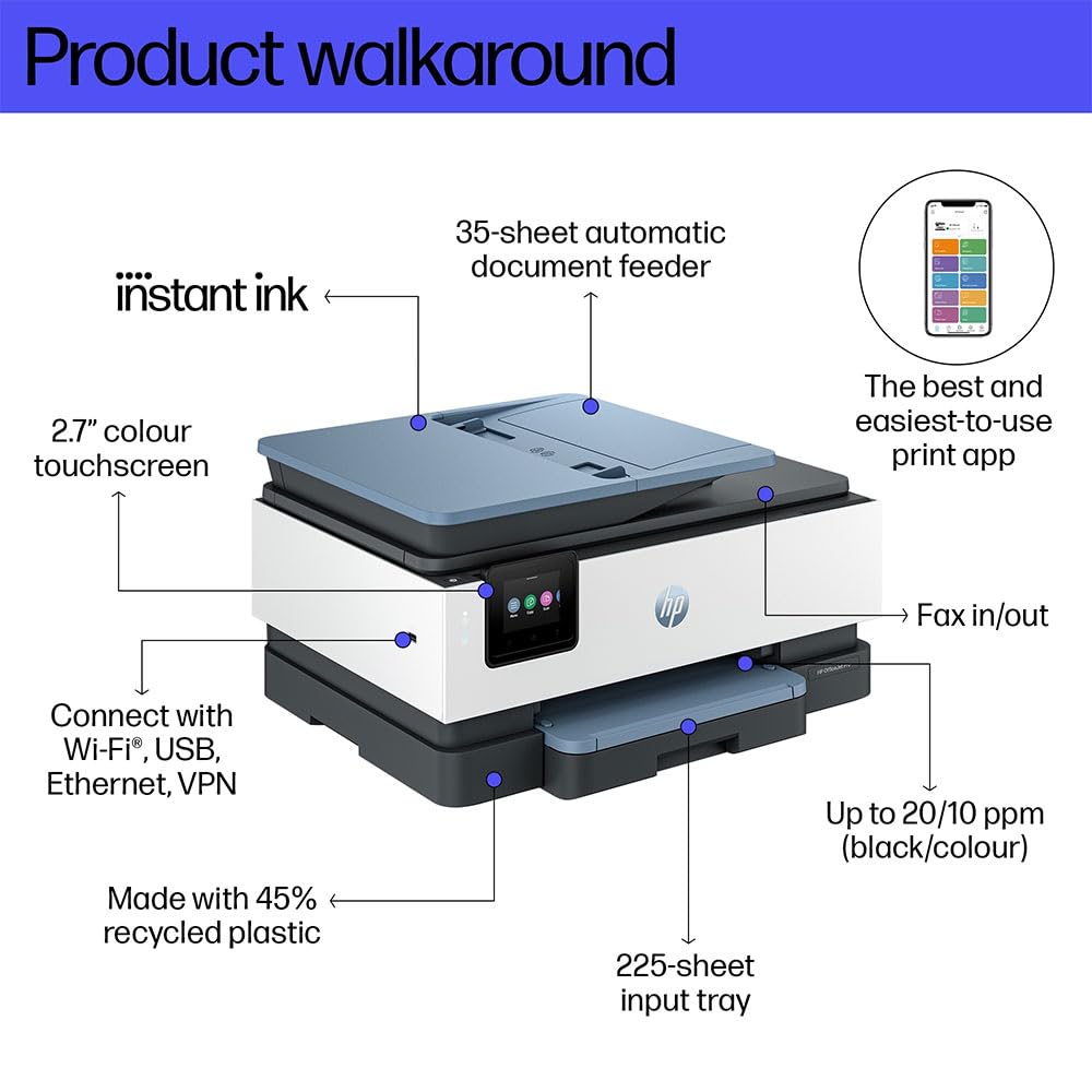 HP OfficeJet PRO 8135e 40Q47B Tintenstrahl-Multifunktionsgerät, A4-Farbdrucker, automatische Duplex- und Duplexdrucker, 20 Seiten pro Minute, WLAN, HP Smart, 3 Monate Instanttinte inklusive HP+, grau