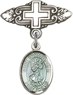Sterling Silver Baby Badge with Blue St. Christopher Charm and Badge Pin with Cross 1 X 3/4 inches