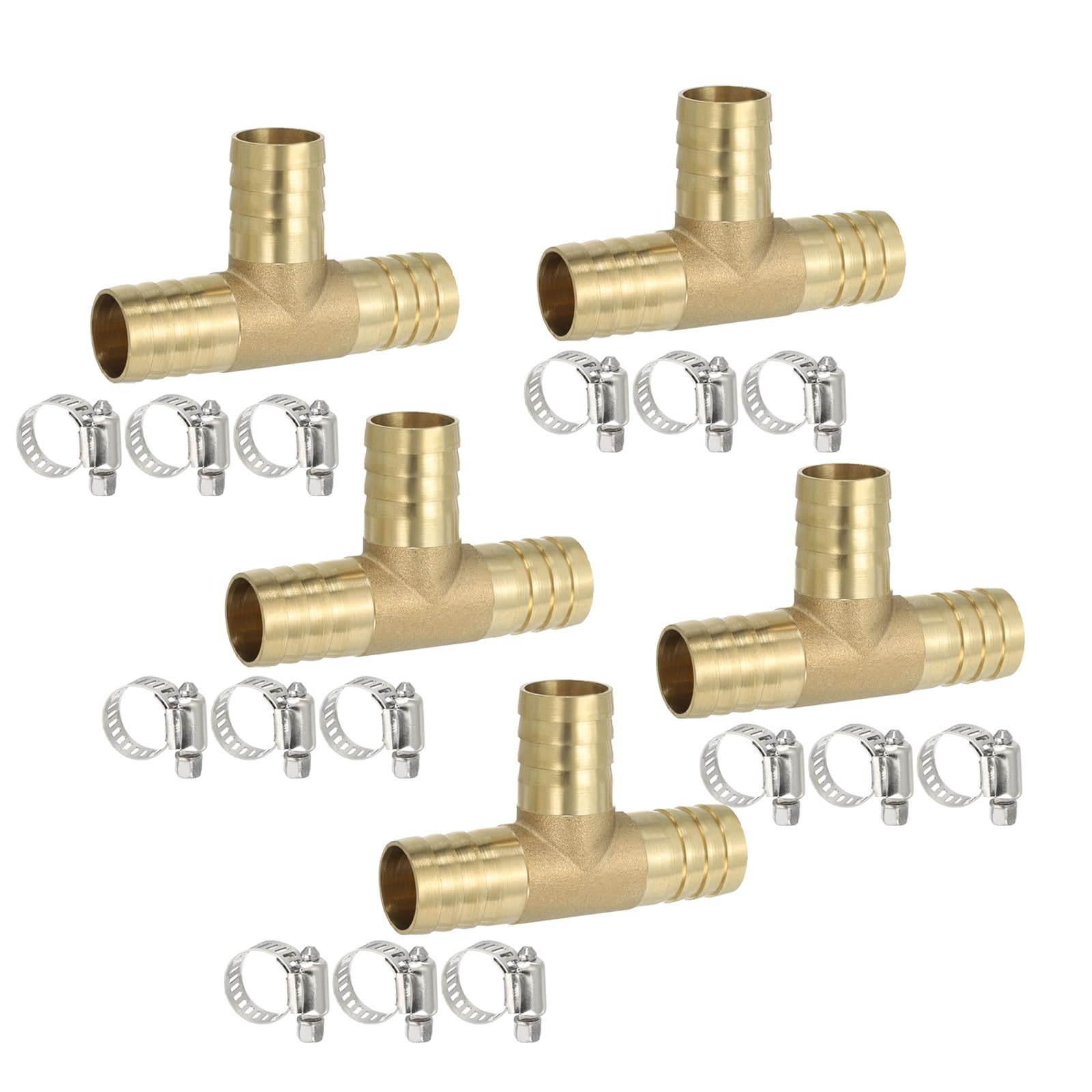 PATIKIL 1/2" Brass Tee Hose Barb Fitting, 3 Ways Union Intersection T Shape Barbed Split with Clamps for Air Water Fuel Gas Liquid, Golden — view 19