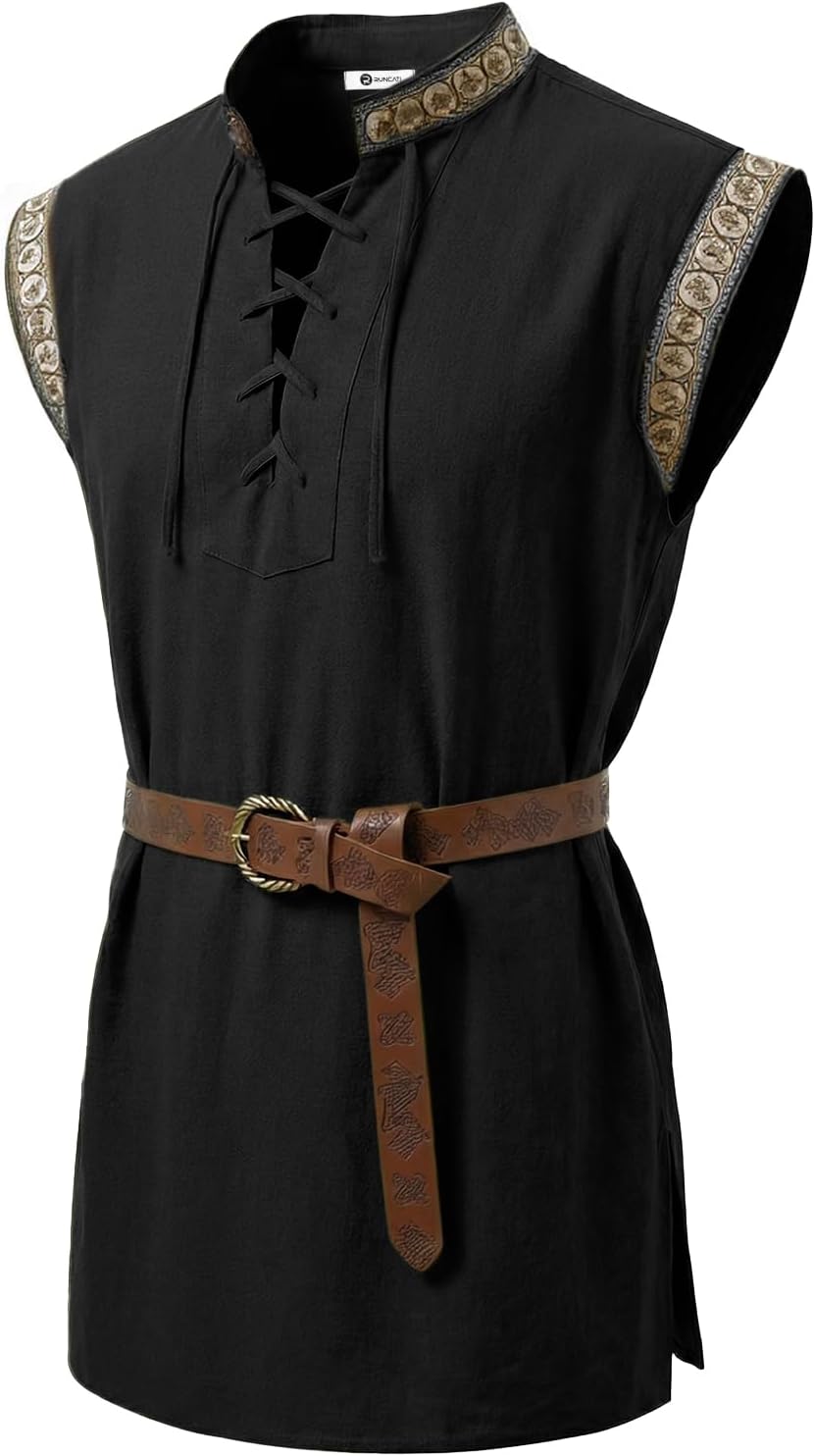 Runcati Mens Renaissance Pirate Shirt Medieval Sleeveless Tunic Lace Up Knight Viking Halloween LARP Shirts