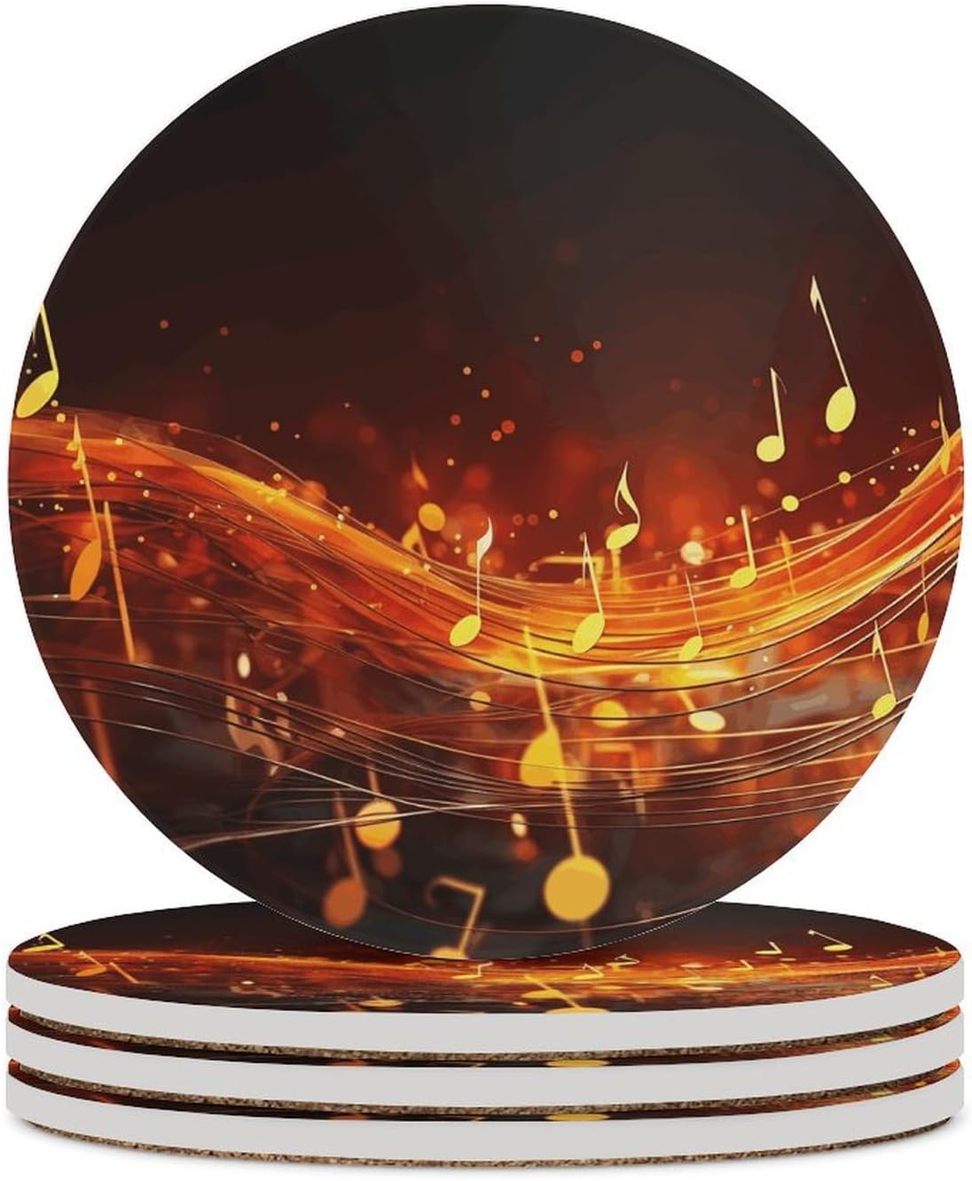 4PCS Coasters for Drinks Ceramic Coffee Coasters with Cork Backing Personalized Red Flame Music Note Round Funny Coaster for Table Protection Coffee Table Decor