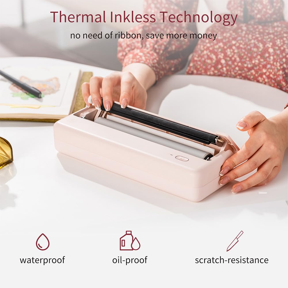 Stampante termica A4, mini stampante Bluetooth portatile per viaggi e casa, stampa wireless senza inchiostro, design compatto per ufficio e scuola