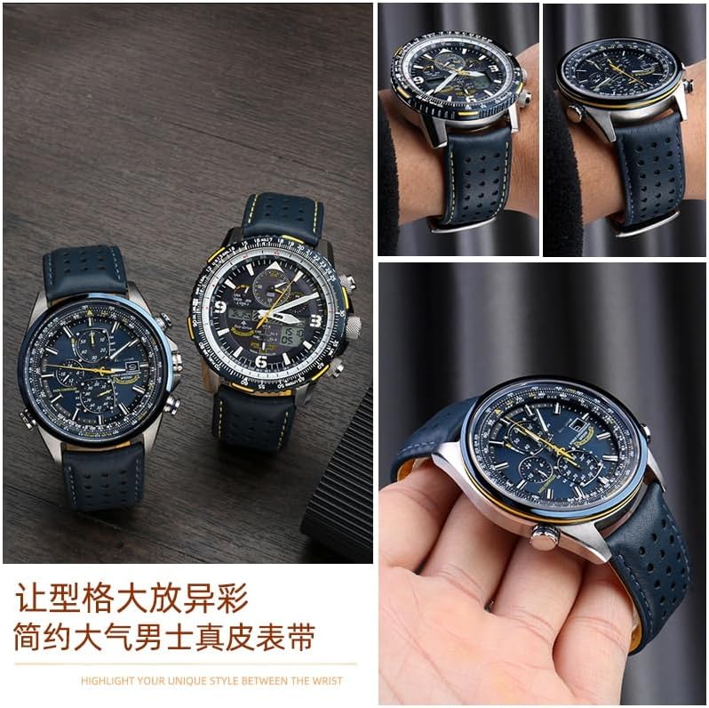 GUMMMY 22mm 23mm Blue color Genuine Leather Watchband Strap Men's Watchband For Citizen AT8020-54L/JY8078 with folding buckle bracelet