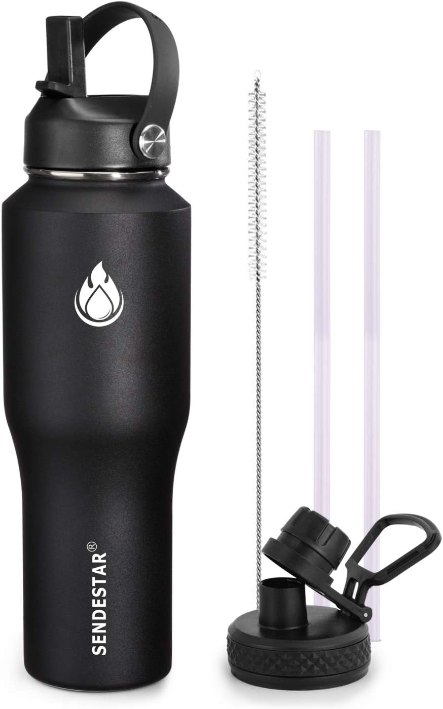 - Water Bottle 32oz,Wide Mouth Stainless Steel Vacuum Insulated Double Wall Keep Liquids Cold or Hot All Day,Sweat Proof Sport Design,Fit Car Cup Holder,2 Lids(Straw and Spout lid)(Black)