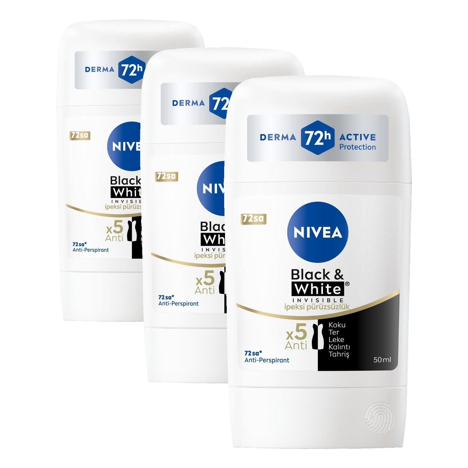 NIVEA Kadın Stick Deodorant Black&White Invisible İpeksi Pürüzsüzlük 72 Saat Anti-Perspirant Koruma, 50 ml (3 paketi)