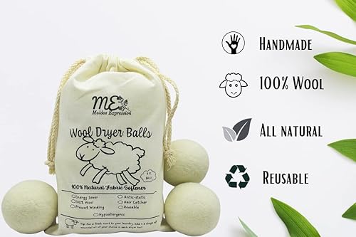 Miniatura 5 de Paquete de 6 bolas para secadora de lana de lavandería XL, 100% lana orgánica natural de Nueva Zelanda, ecológicas, hechas a mano, reutilizables,