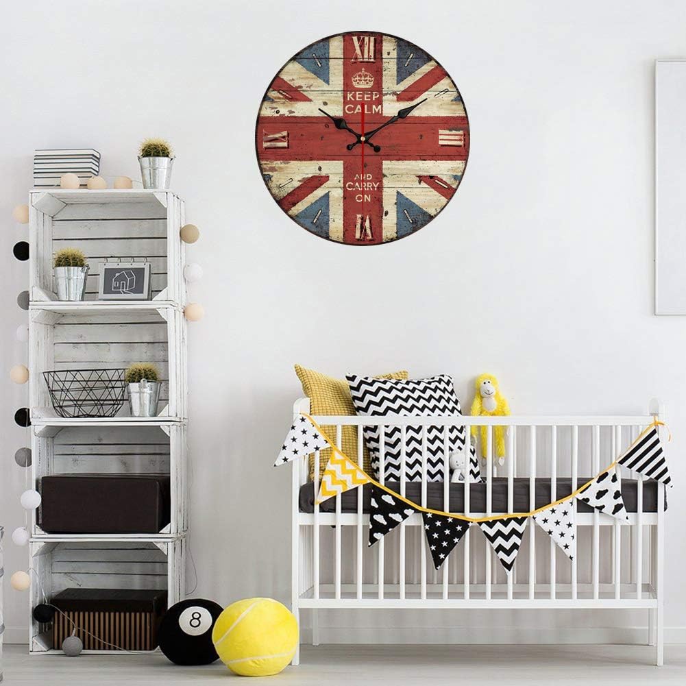 YeYo The Union Jack Wall Clock MDF Wooden Fashion Silent Wall Clock Art Decorative for Home Living Room Bedroom Office Decoration (14inch)