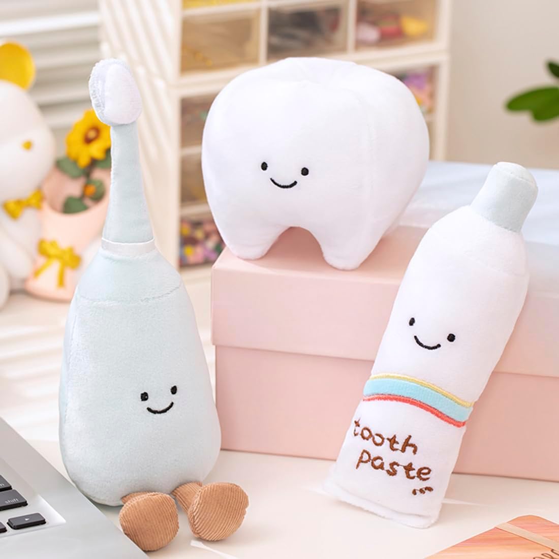 ELAINREN 3PCS Toothbrush and Toothpaste and Teeth Models Plush Pretend Dentist Play Set