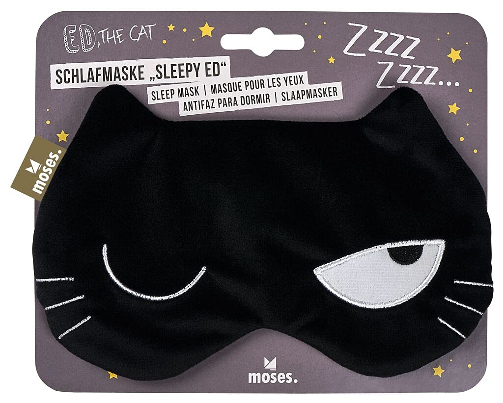 moses Ed the Cat - Mascherina per dormire Sleepy Ed, morbida maschera in jersey, con banda larga ed elastica