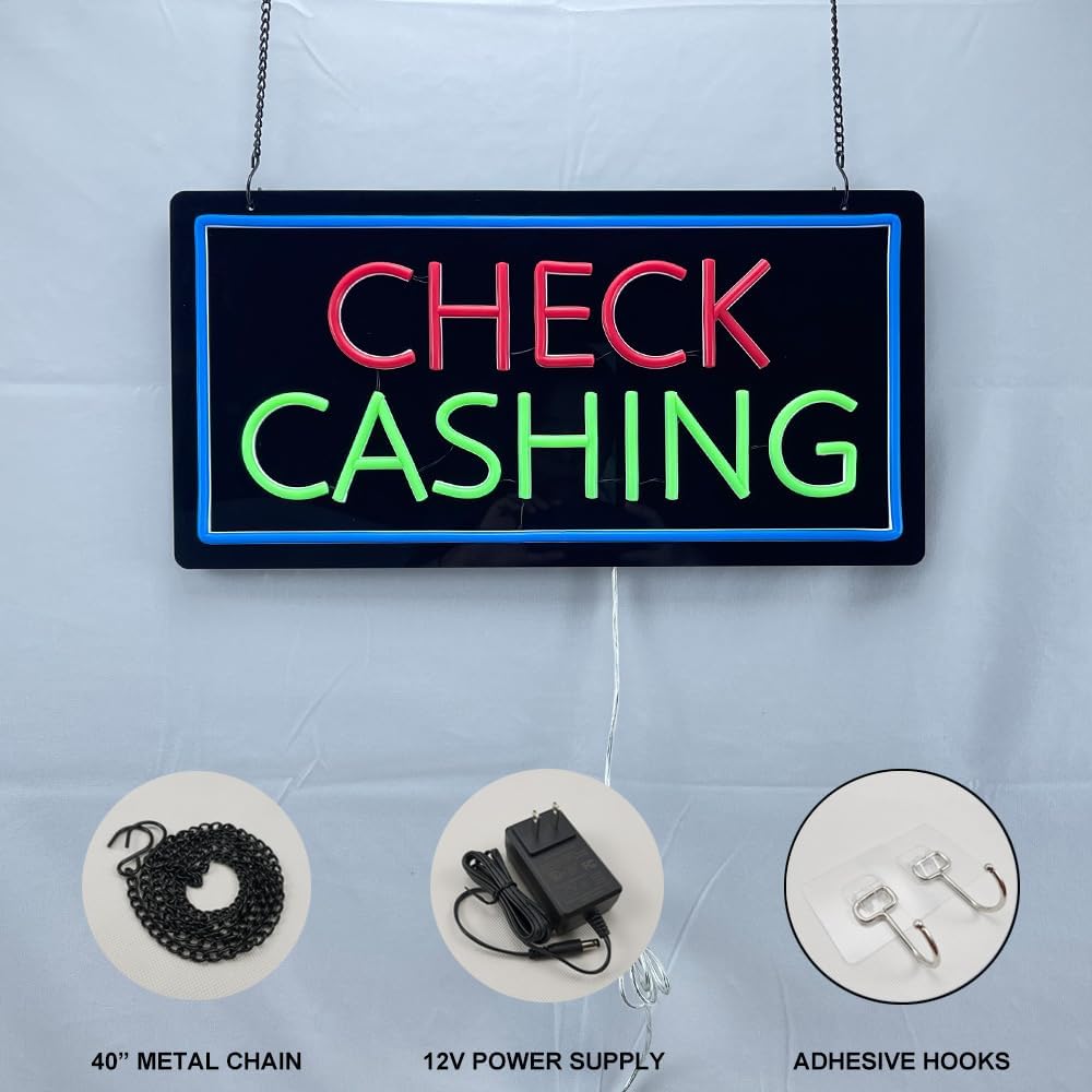 Check Cashing Neon Sign, Check Cashing LED Signs, Checks Cashed Business Open Sign, Pure Acrylic Board Powered by 12V Adapter. 19” x 9.5” (Check Cashing)