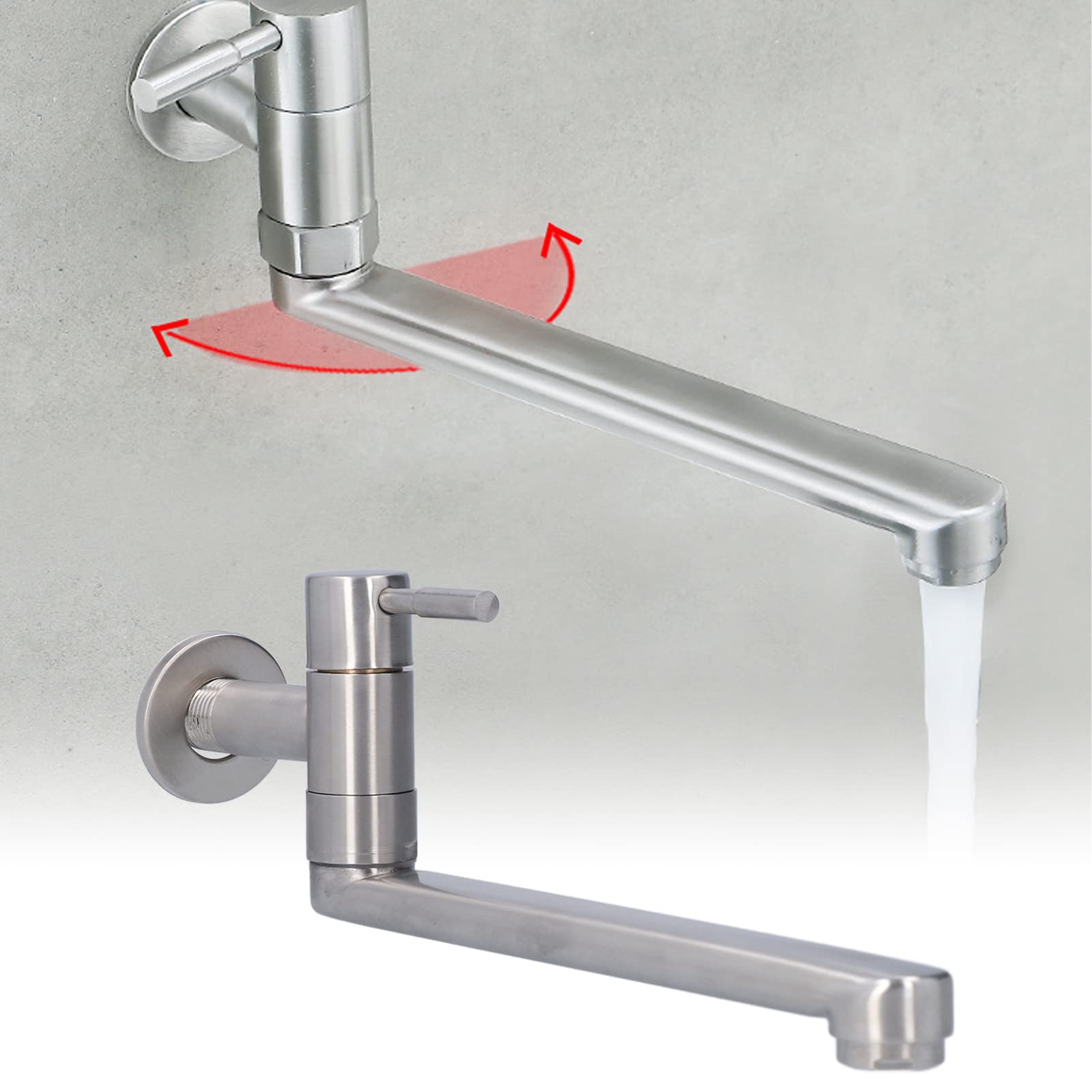 Grifo de Baño y Cocina de Pared G1/2 - Acero Inoxidable, Montado en la Pared, 360° Caño Giratorio Alargado para Lavabos, Fregaderos, Piscinas y Balcón