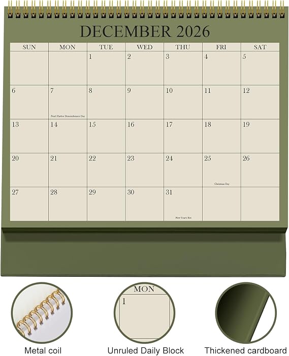 Desk Calendar 2026-2027 - Runs August 2026 until December 2027 - Beautiful Small Flip Desktop Calendar for Easy Organizing, 6 x 8, Green