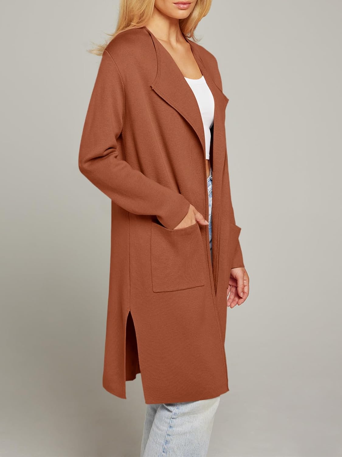 MEROKEETY Women's Open Front Coatigan Sweater Long Sleeve Casual Knit Lapel Cardigan Coat with Pockets - Image 6