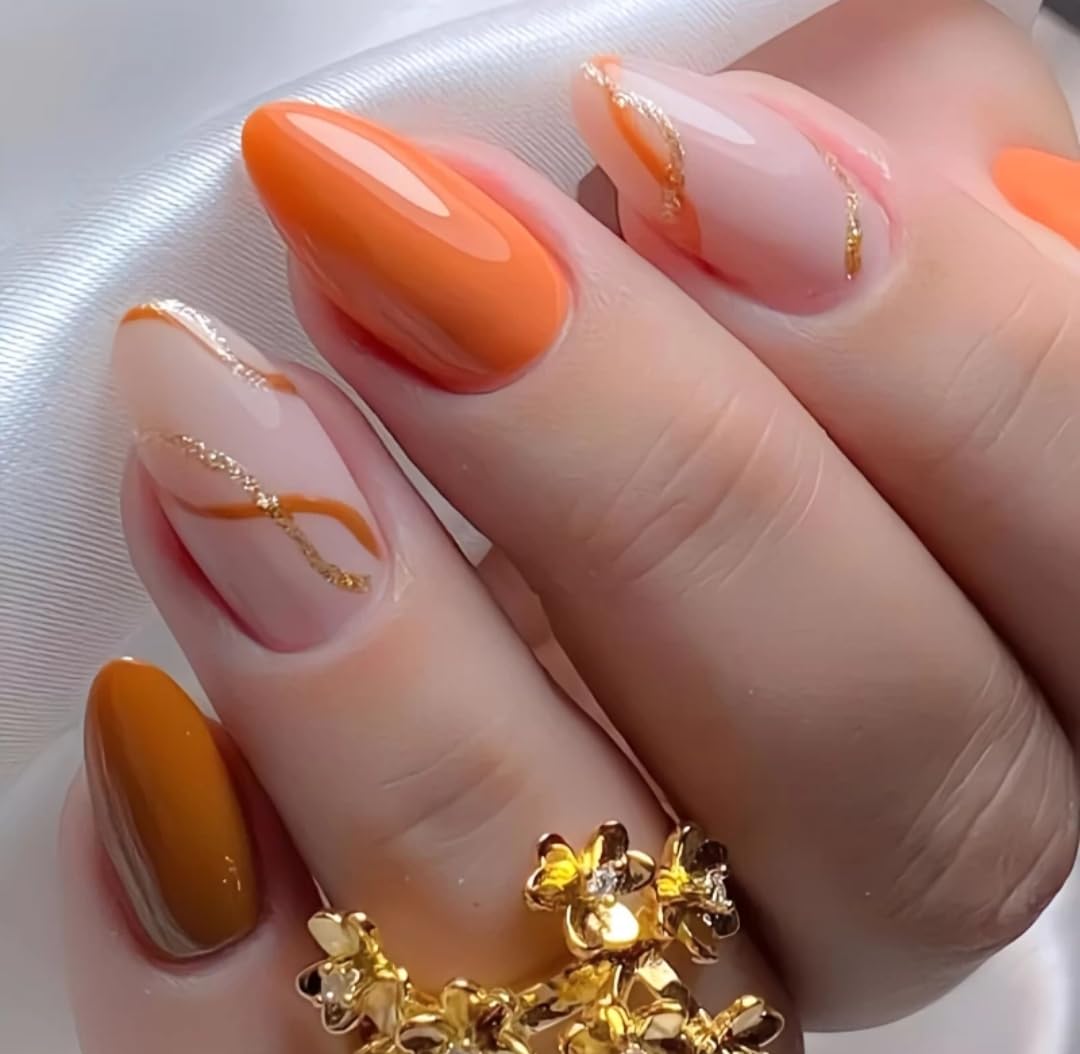 Artificial Nails: Glossy Orange Color With Swirls/Shape Long Almond (Set of 20 with nail glue, nail file, cuticle pusher, cleaning wipe)-picture-47