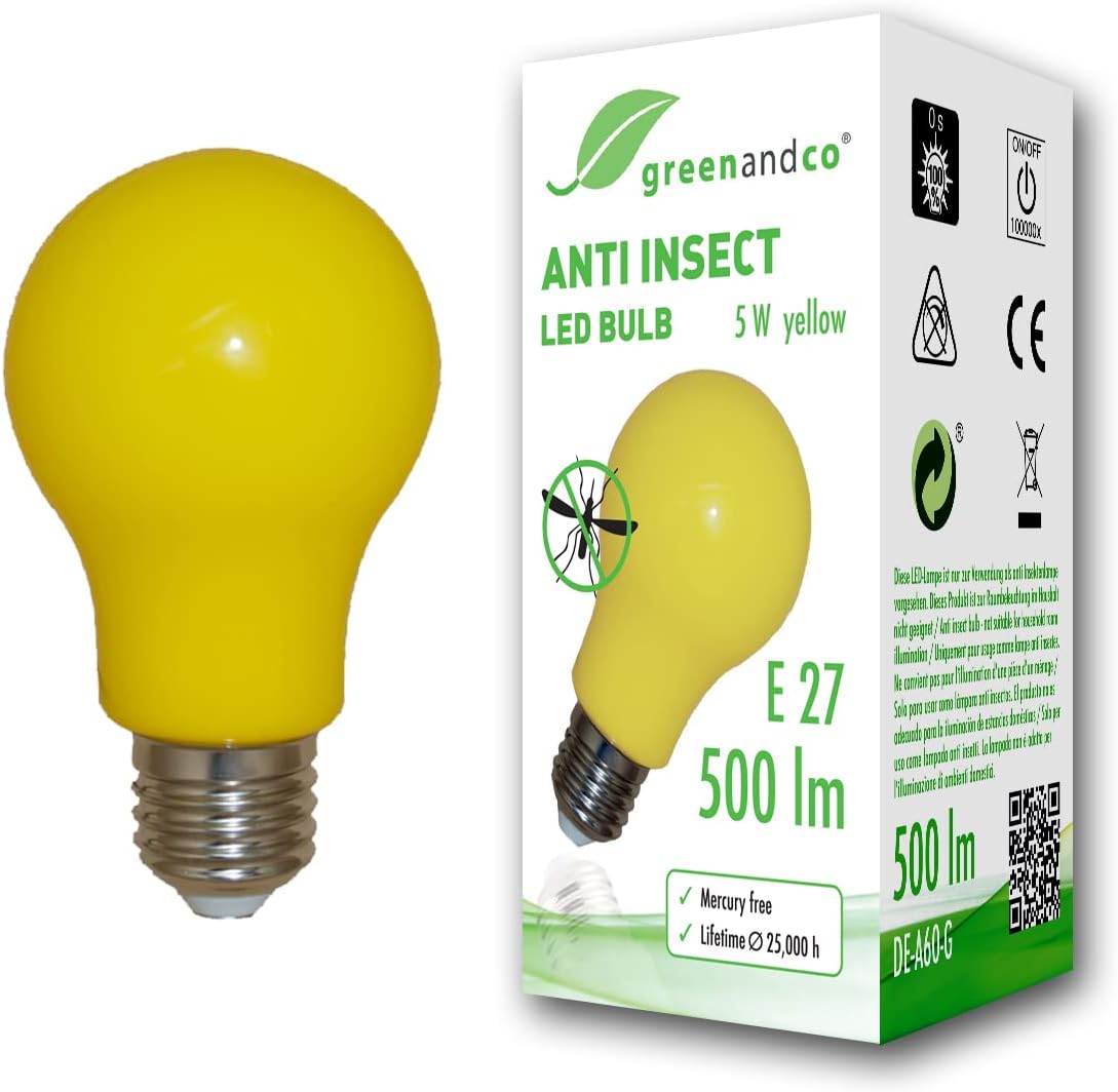 greenandco® Anti-Mosquito and Anti-Insect LED Bulb E27, Yellow, 5W, 500lm, wavelength 560-580nm, Non-dimmable