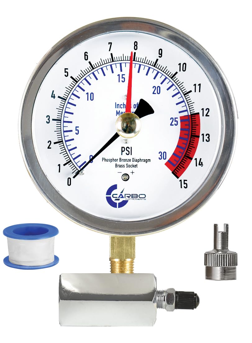 4” Gas Test Pressure Gauge, 15 PSI / 30 inHg, 3/4” FNPT, Stainless Steel Case, 1% Accuracy, Red Max Pointer, Gas Line & Leak Testing (US LAB - NIST)