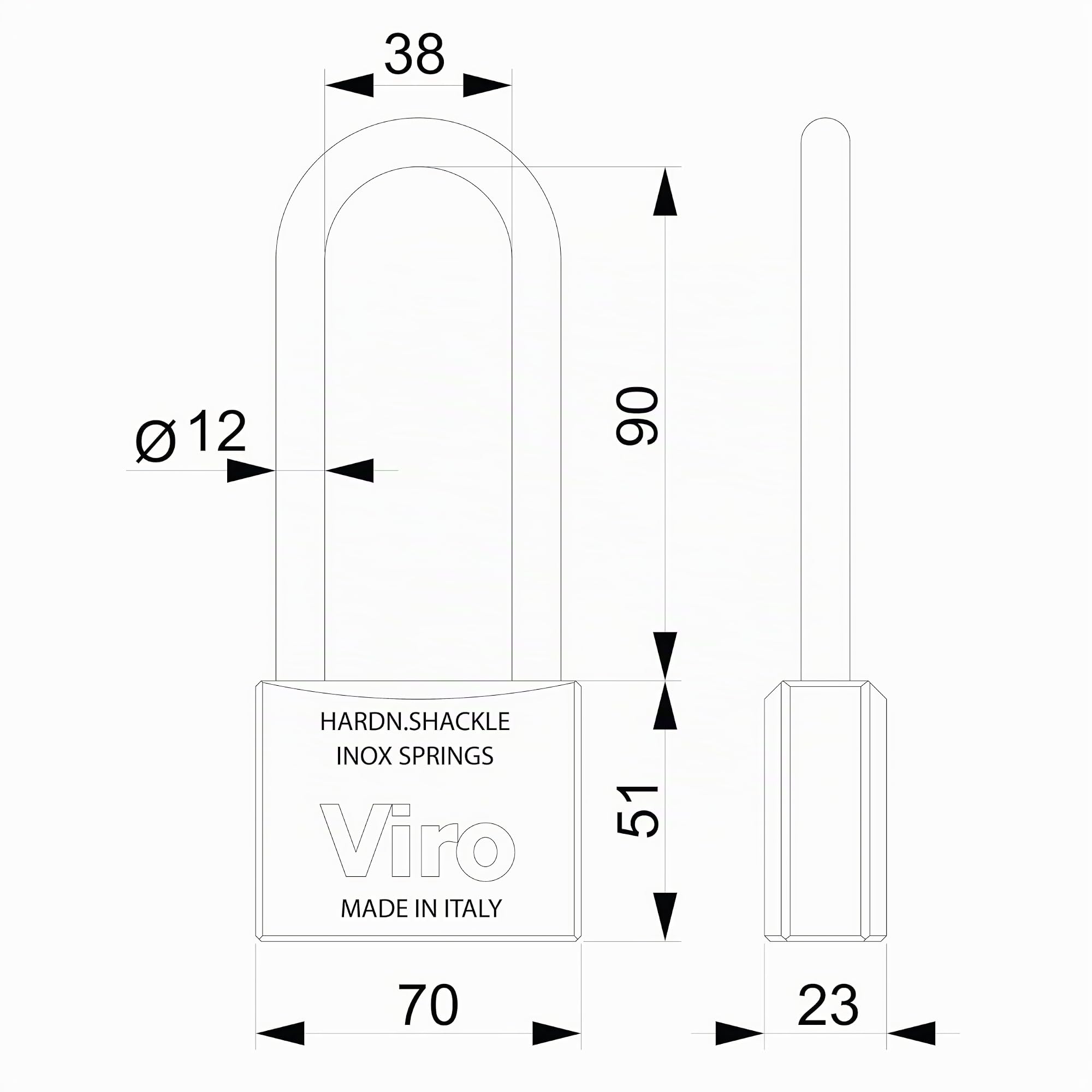 Viro - Lucchetto Rettangolare Antiscasso, Base 70mm | Arco 90mm in Acciaio Cementato, Resistente