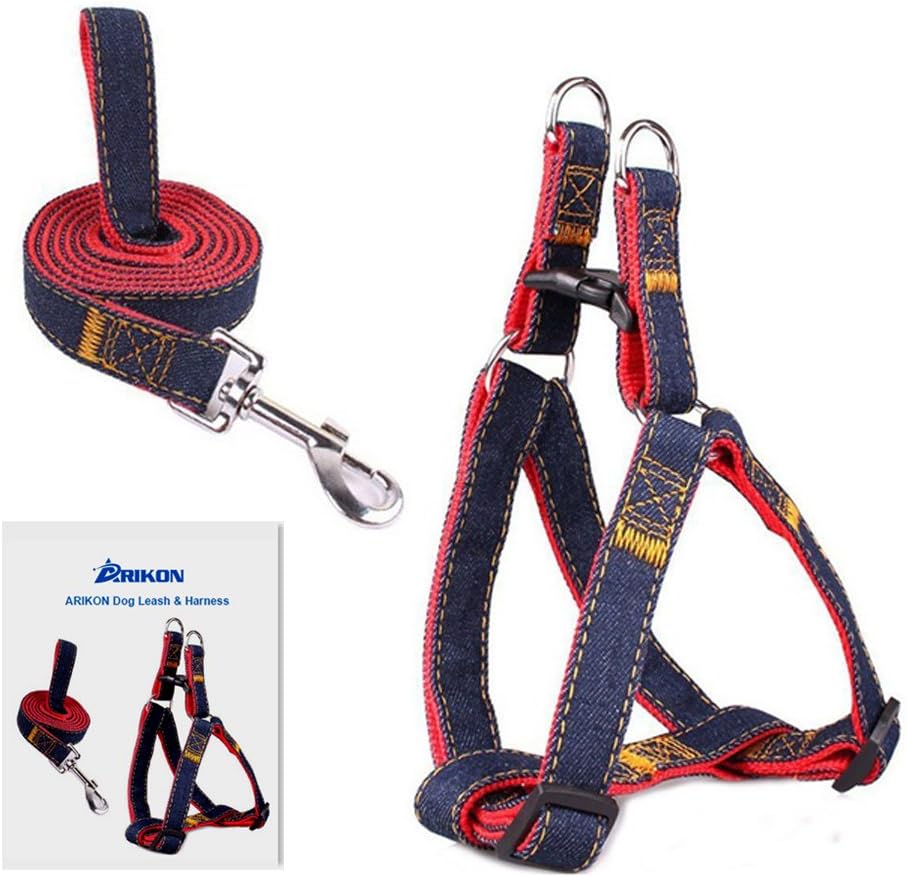 Dog Leash Harness, ARIKON Adjustable and Heavy Duty Durable Denim Dog Leash Collar for Training Walking Running, Best for Large Medium Small Dog