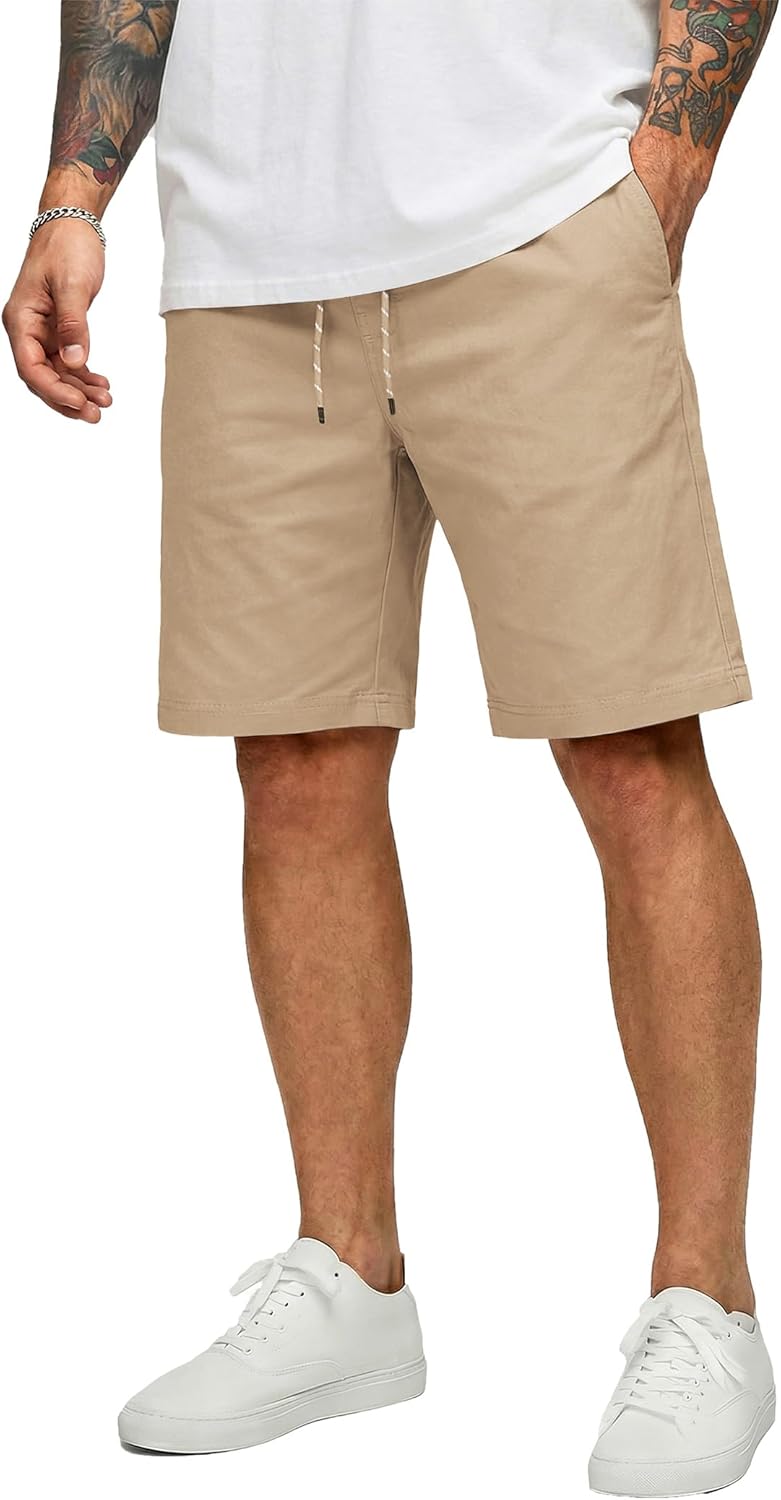 COOFANDY Mens Casual Shorts Cotton Drawstring 9 inch Chino Shorts Stretch Elastic Waist Summer Beach Golf Shorts