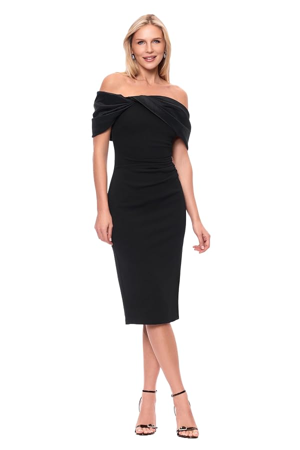 Betsy & Adam Women’s Scuba Crepe and Taffeta Off The Shoulder Knee Length Dress, Black, 10 by Betsy & Adam - Used condition - US$213.83