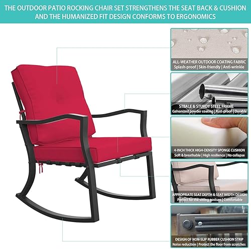 Miniatura 3 de ALAULM Outdoor Rocking Chairs 3 Pieces Patio Bistro Set Patio Furniture Set Armrest Chair with Red Thickened Cushions and Coffee Table for Patio
