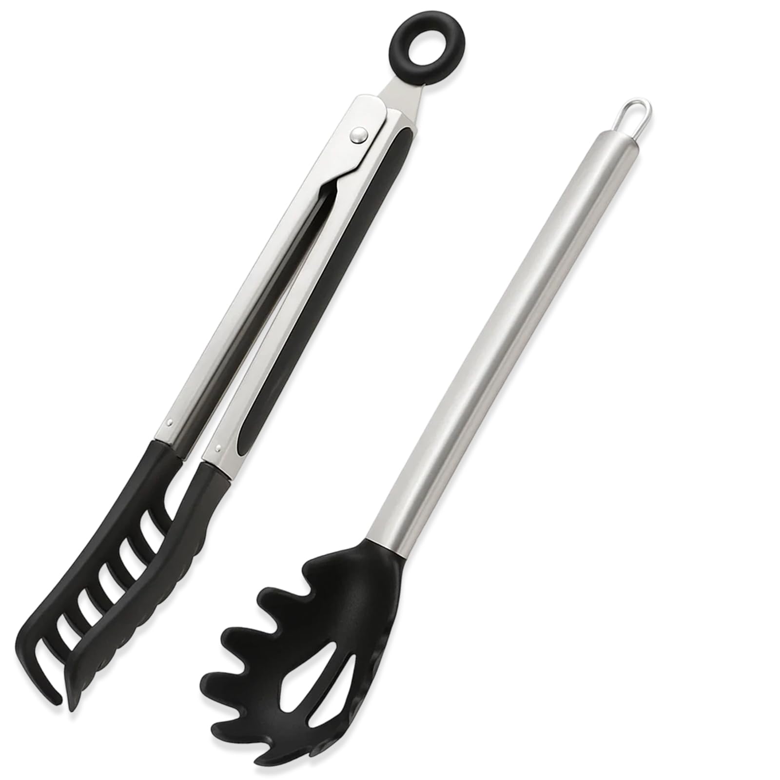 Lot de 2 cuillères à pâtes et pinces alimentaires en silicone, passent au lave-vaisselle, poignées antidérapantes, idéales pour les pâtes, les salades et les grillades