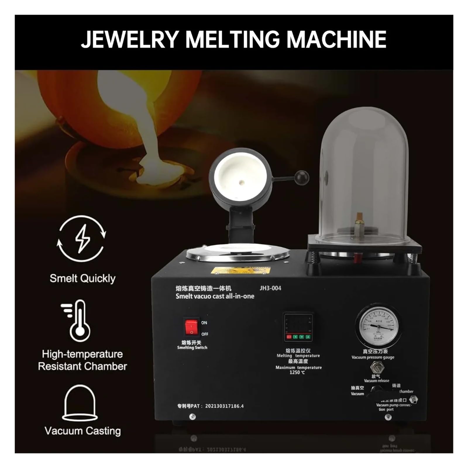 2L 3-in-1 Schmuckgießmaschine Vakuumschmelzofen for Gold- und Silbermetallschmelze -raffination, 2 kg Kapazität,Lang anhaltende
