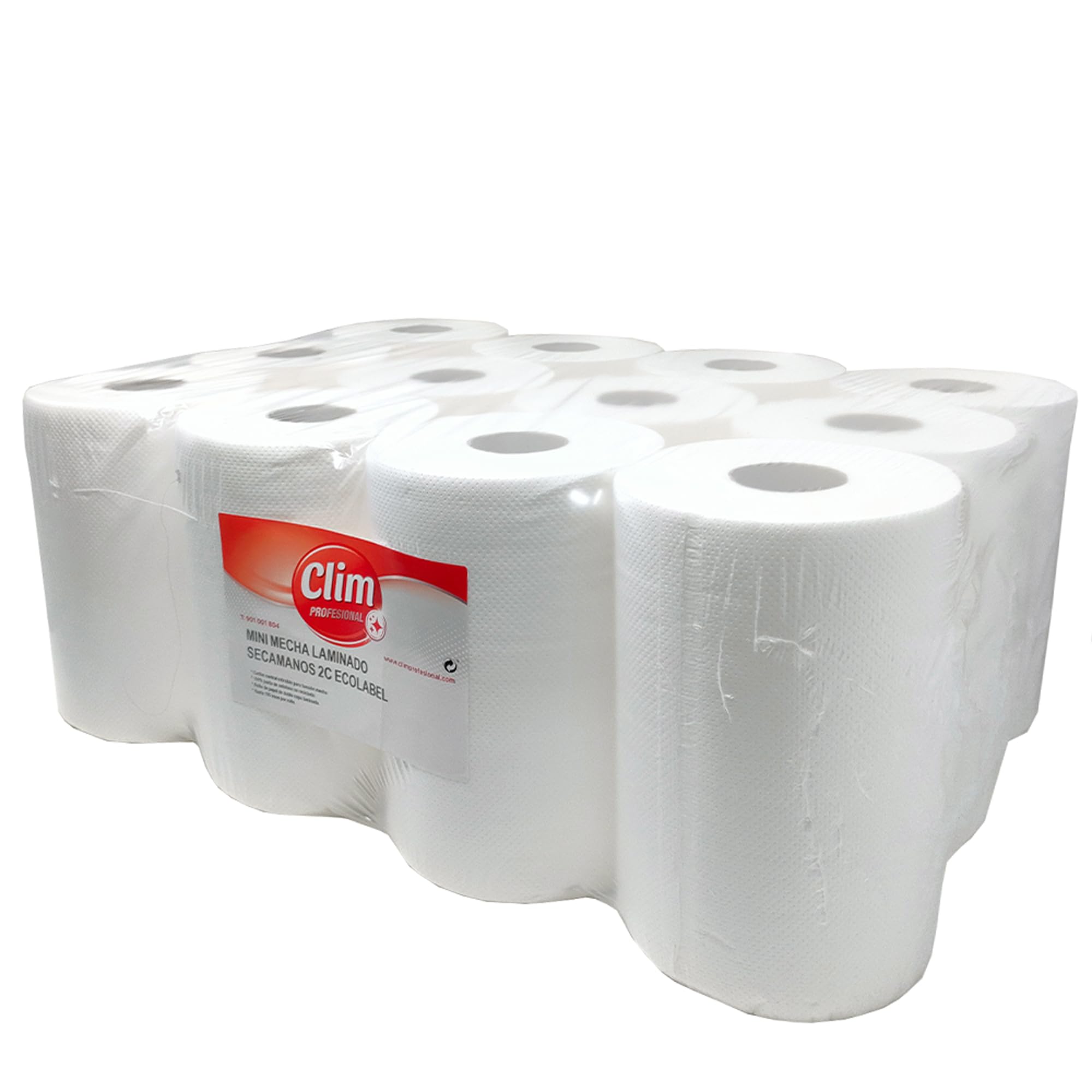 Clim Profesional - 12 Rollos de Papel Secamanos Tipo Mini Mecha Laminado de Doble Capa. Papel Gofrado Extra Absorbente para Tareas de Limpieza de Superficies. 100% Pura Celulosa Ecolabel. 60 mts
