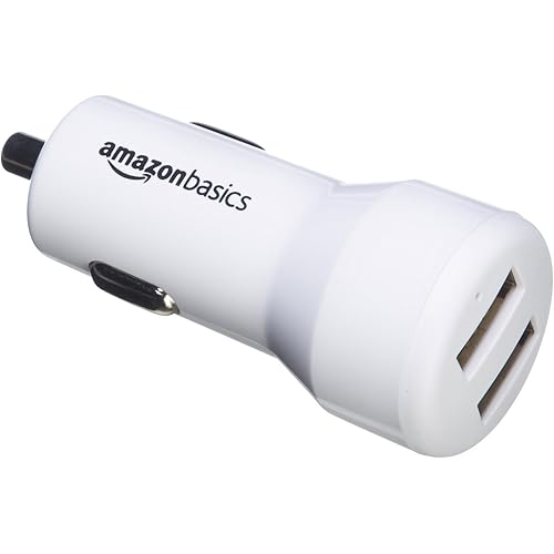 AmazonBasics 4.8 Amp 24W Dual USB Car Charger for Apple and Android Devices, White, 4-Pack