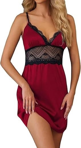 VAIA Elegant Lace Trim Satin Nightdress, V-Neck Sleepwear with Adjustable Straps, Black