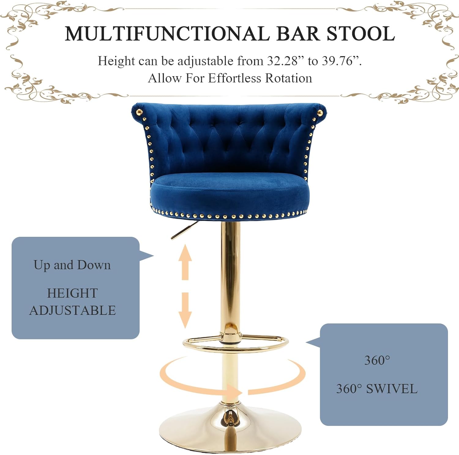 Velvet Swivel Bar Stools Set of 2, Adjustable Counter Height Bar Stool with Button Tufted and Nailhead Trim, Roll Rim Barstool with Back and Footrest for Kitchen Island, Pub (Navy)