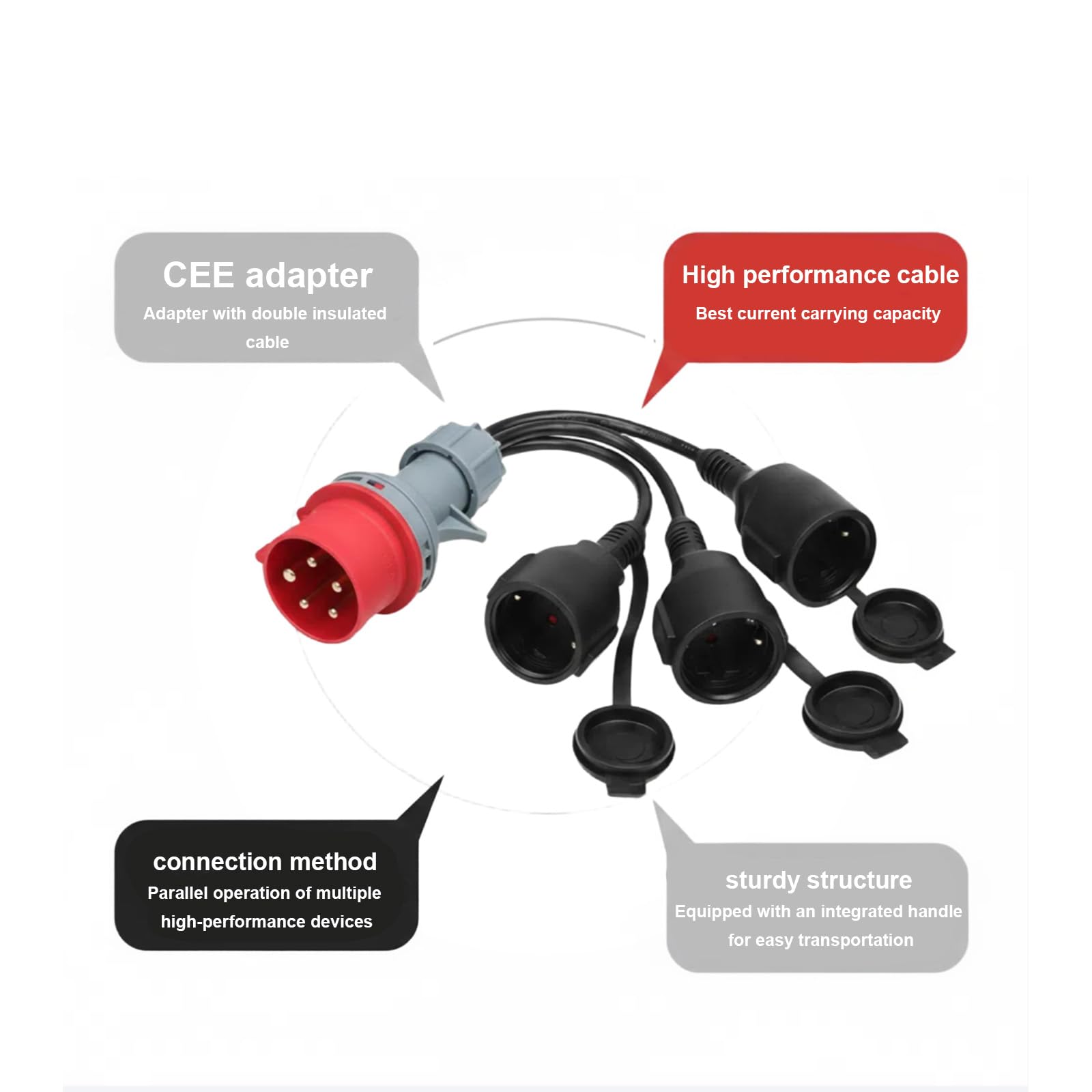 Adaptador CEE de 400 V 16 A macho a 3 enchufes Schuko de 230 V – Distribuidor de alta corriente | 0,5 m cable industrial (5,26 mm²) | resistente a temperaturas (-25 °C hasta +70 °C) | para caravanas