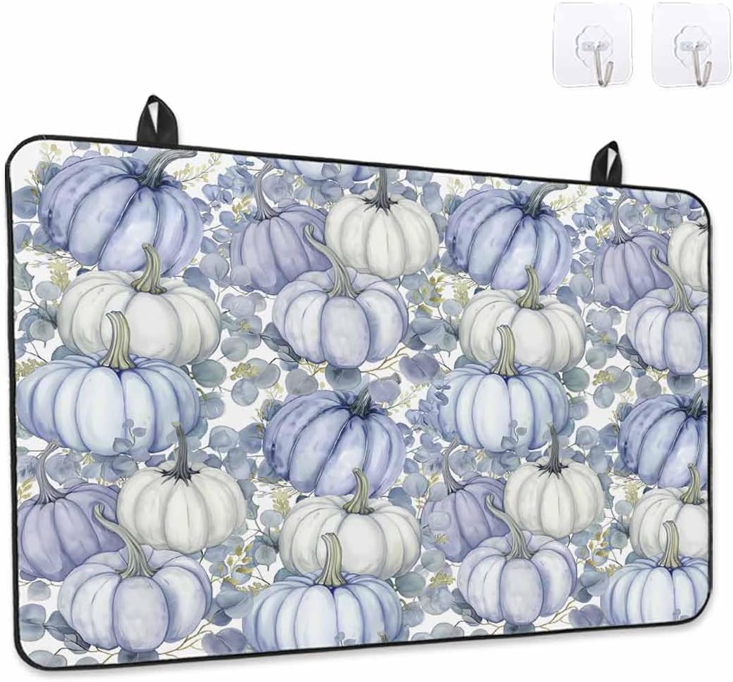 Stove Top Cover for Electric Stove Fall Thanksgiving Watercolor Light-Steel-Blue Pumpkins Eucalyptus Leaves 36" x 21" Heat Resistance Electric Stove Cover Glass Stove Top Protector Counter Protector