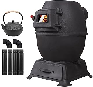 薪ストーブ 暖炉 室内 クッキングストーブ 暖房面積40㎡ 鋳物薪ストーブ 黒耐熱塗装 脚高タイプ 煙突、ティーポット付き 家庭用 まきストーブ キャンプストーブ 組み立て簡単 調理、コーヒーを入れる、暖房、火の番に使用可能 (24x24x32cm)