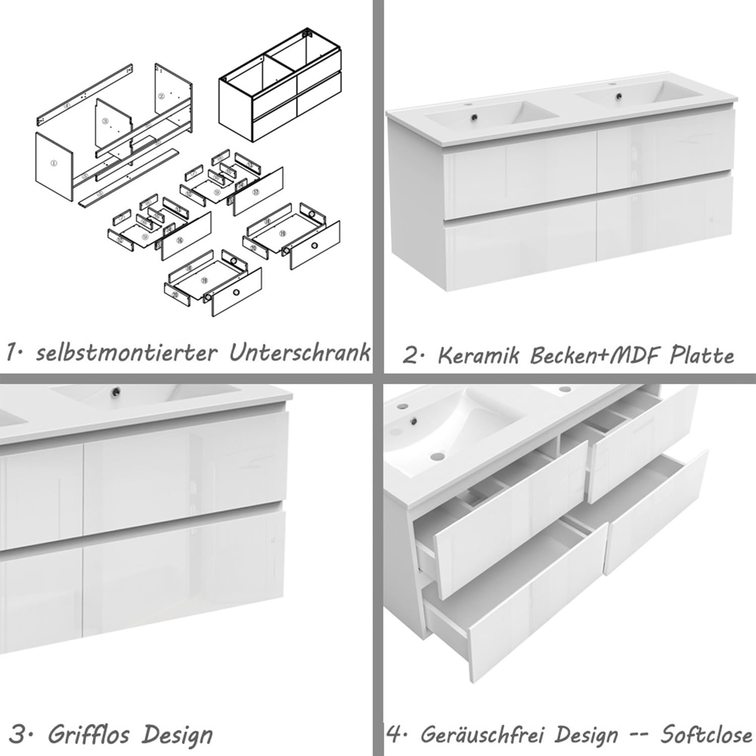 Badezimmermöbel 120cm Keramik Waschtisch mit Unterschrank Badmöbel Set Badezimmerschränke mit 2 Soft-Close Schubladen Hochglanz Weiß