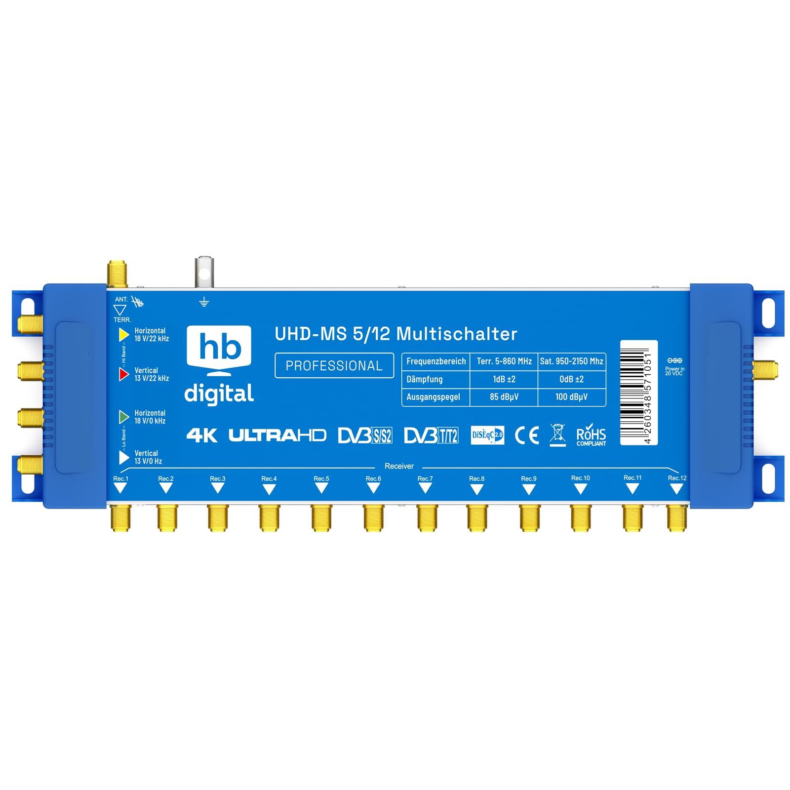 hb-digital Commutatore 5/12 con alimentatore esterno per 12 partecipanti e 1 satellite – adatto solo per Quattro LNB UHD 4K Full HD DVB-S/S2 – ingresso terrestre – connettori F dorati
