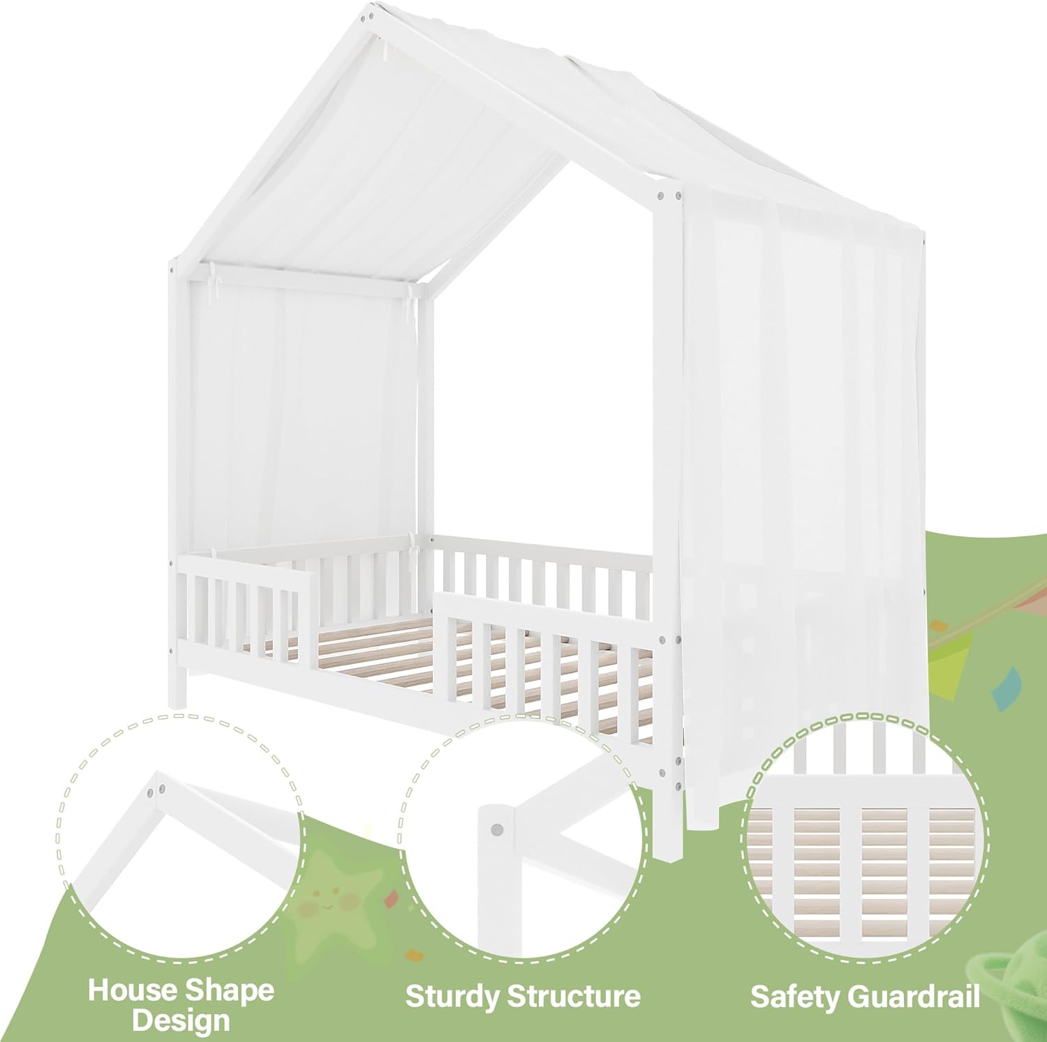 Twin House Bed for Kids with High Rails, Montessori Floor Bed Twin with Roof & Canopy, Wood House Beds Frame for Boys Girls, No Box Spring Needed, White