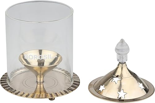 Miniatura 2 de Zenith's DECOR Hecho a mano y hecho a mano por artesanos indios Akhand Diya de latón con cubierta de vidrio y agujeros de estrella diseñados en la