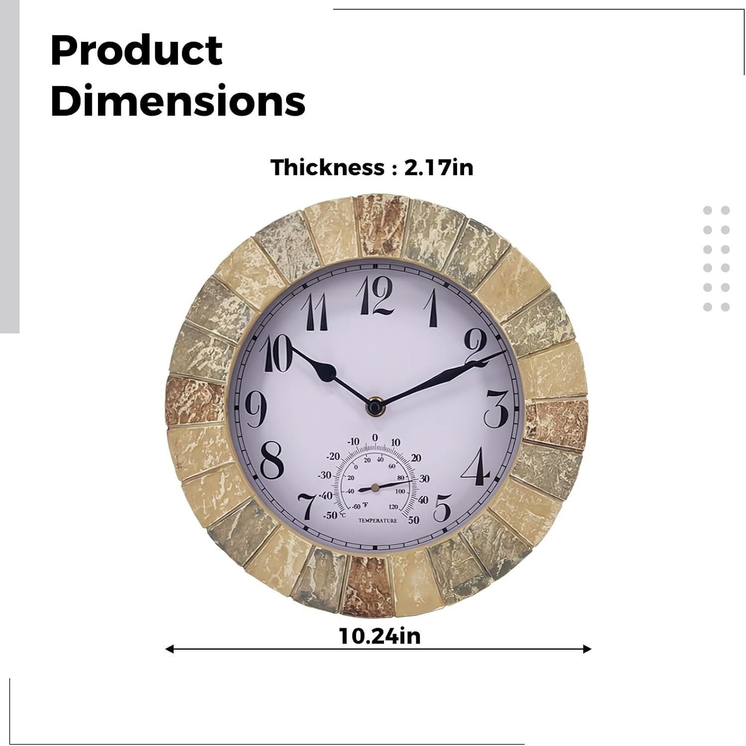 Waterproof Outdoor Clock Thermometer, 10 in / 26 Cm, Weather Resistant, Battery Operated Stone Design Clock for Patio, Easy Read